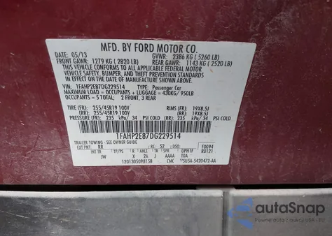 2013 Ford Taurus Sel from USA, damaged, VIN 1FAHP2E87DG229514
